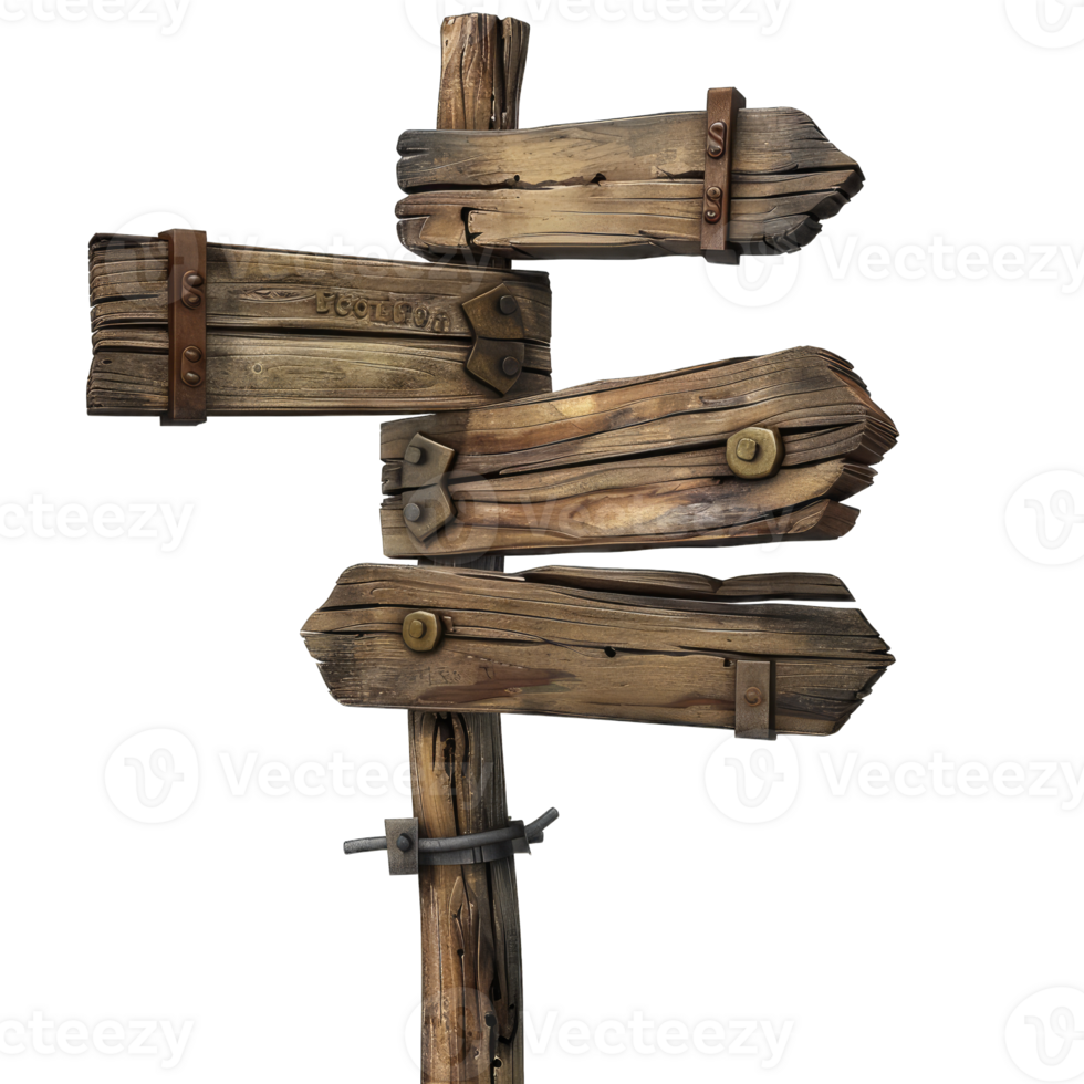 A wooden signpost with several wooden signs on it png