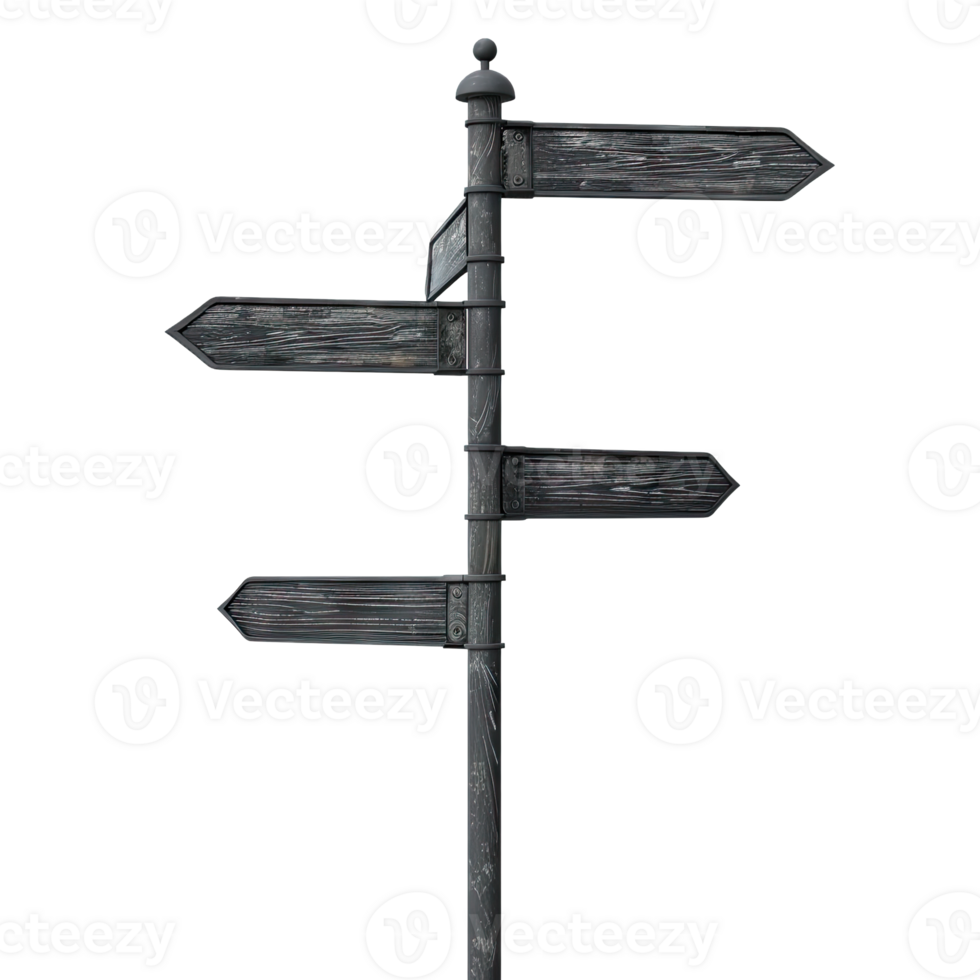 A wooden signpost with several signs pointing in different directions png