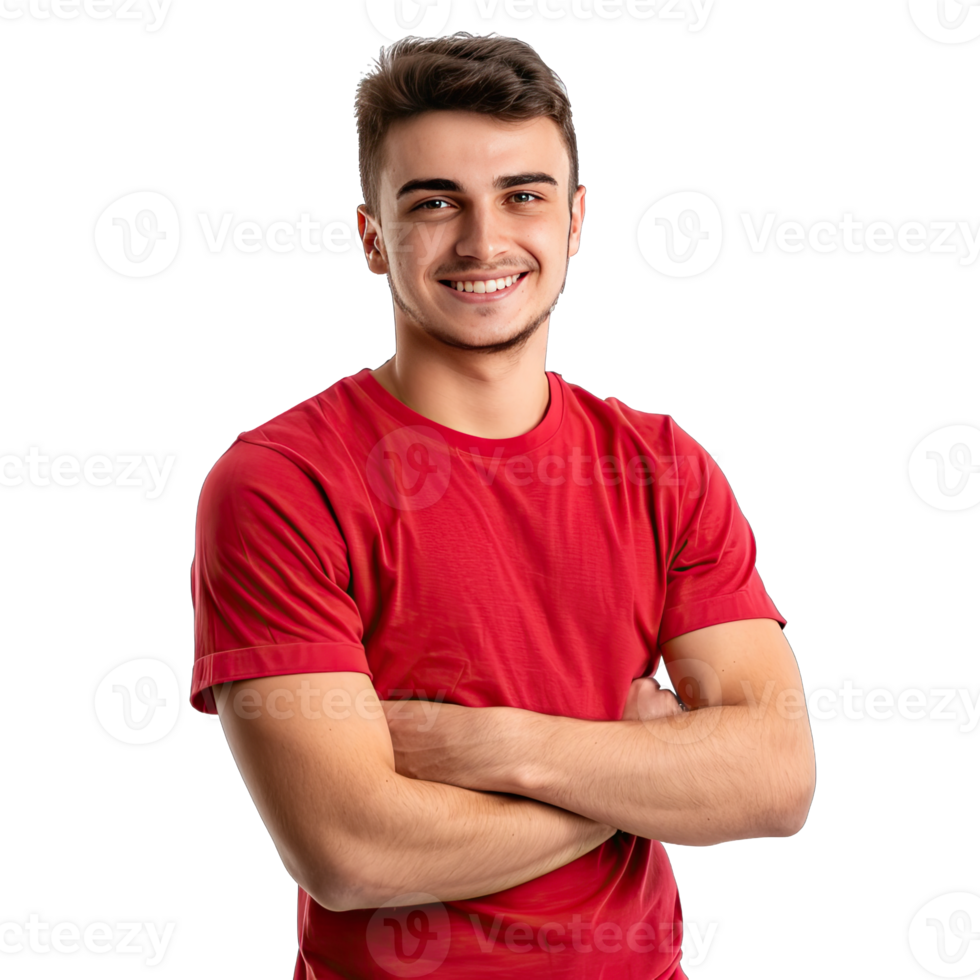 A young man in a red t - shirt png