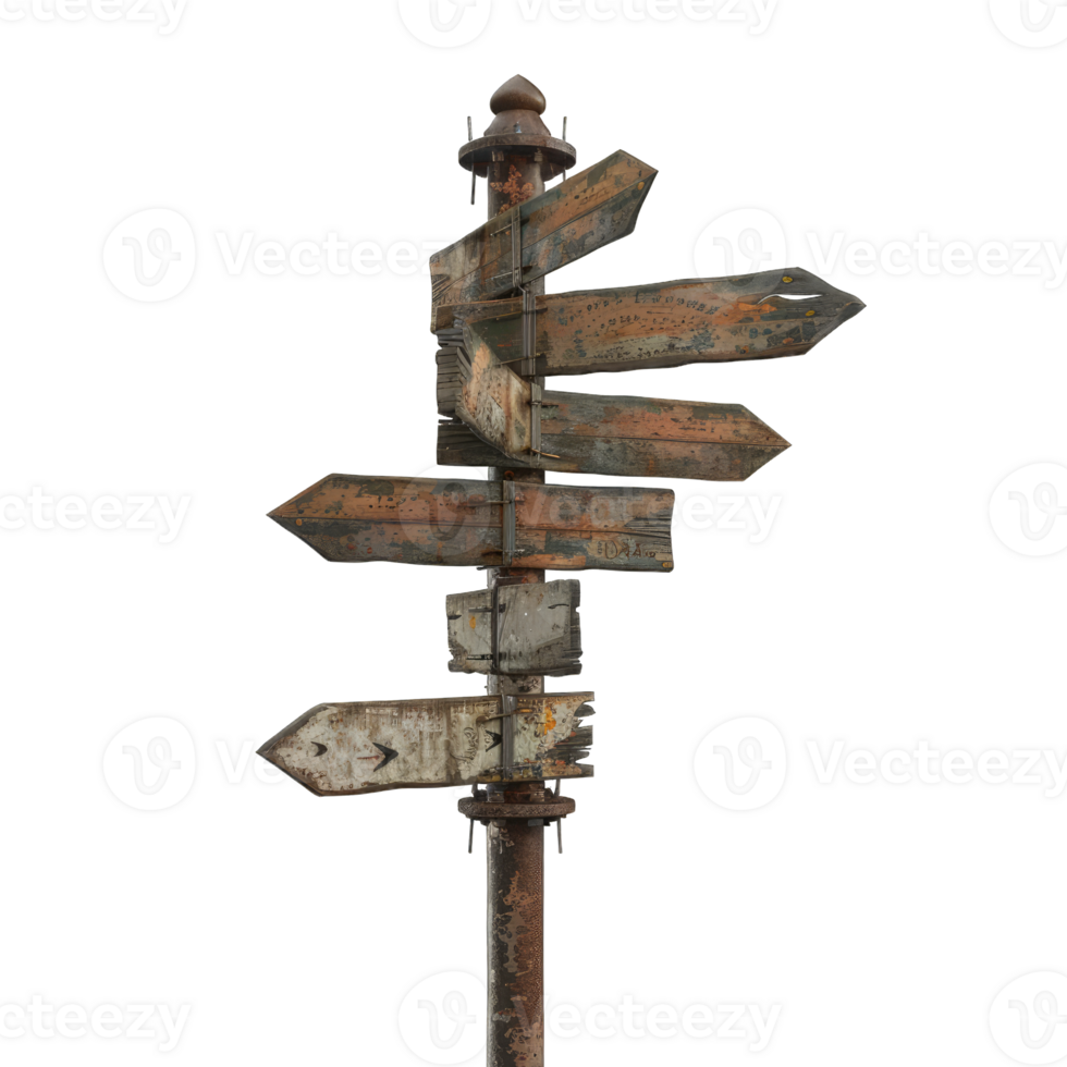 Weathered signpost with multiple directional arrows, ideal for conveying choice, direction, and adventure in nature-themed projects. png
