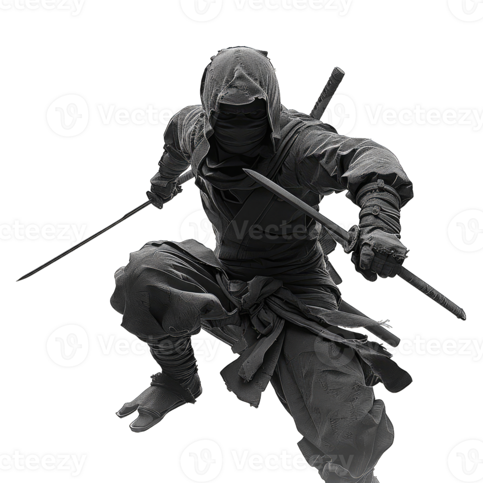 A ninja in black and white with a sword png