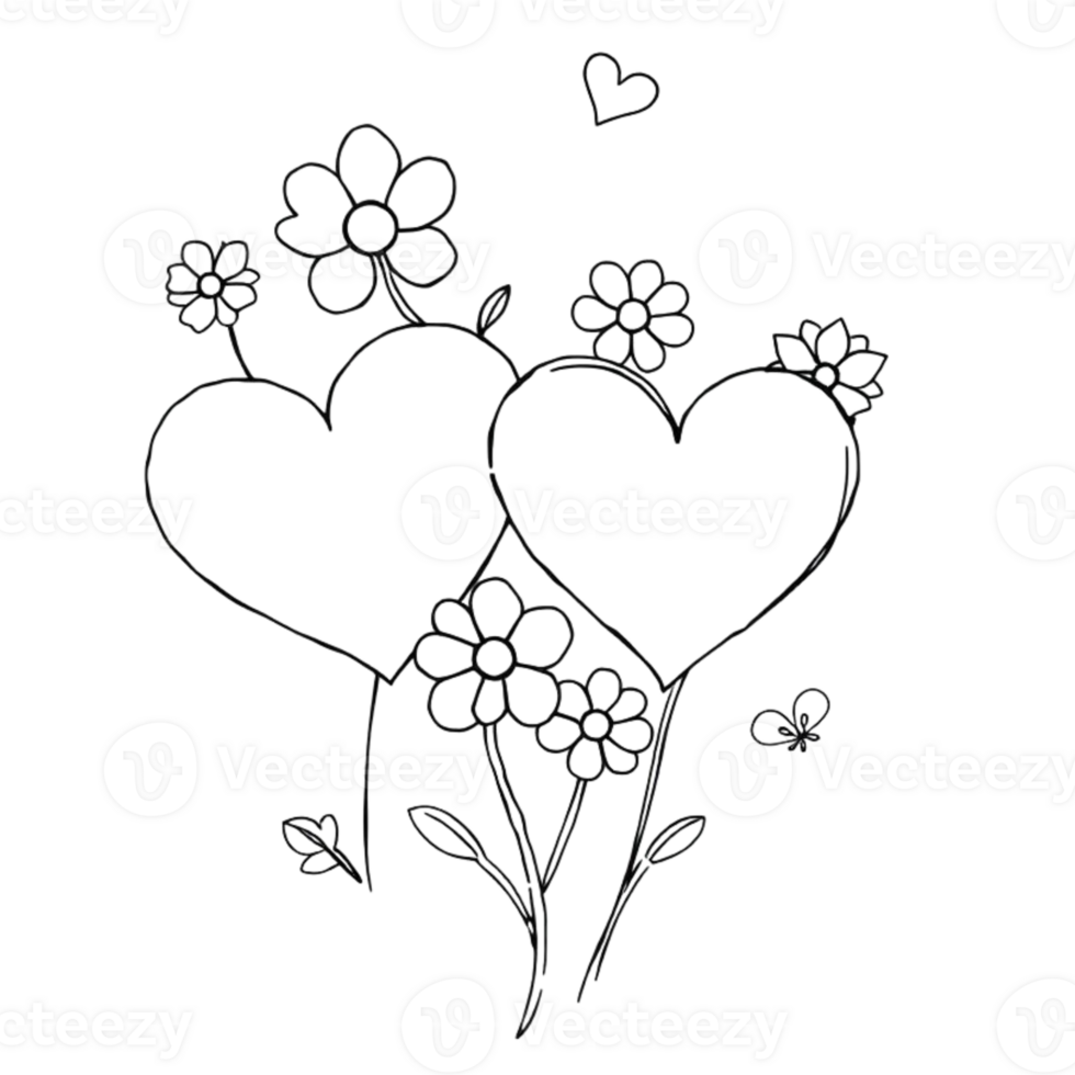 Coloring page outline of a hearts and flowers on an Isolated transparent background. generated with AI png