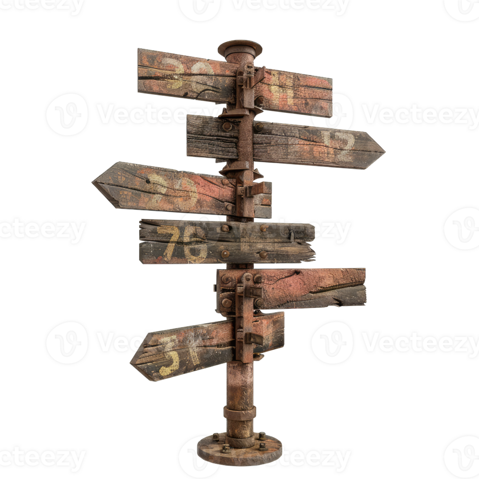 A wooden signpost with several different signs on it png