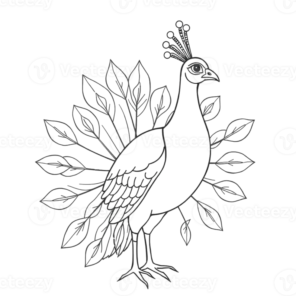 Coloring page outline of a peacock on an Isolated transparent background. png