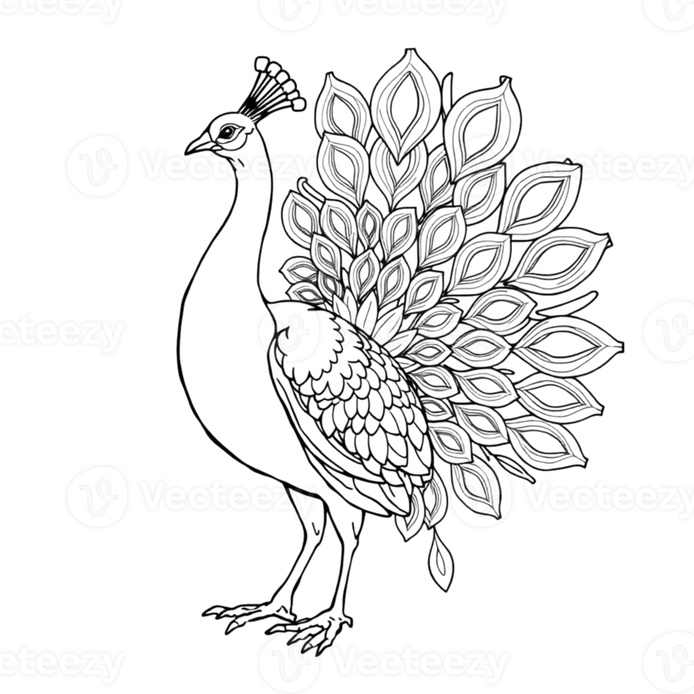 Coloring page outline of a peacock on an Isolated transparent background. png