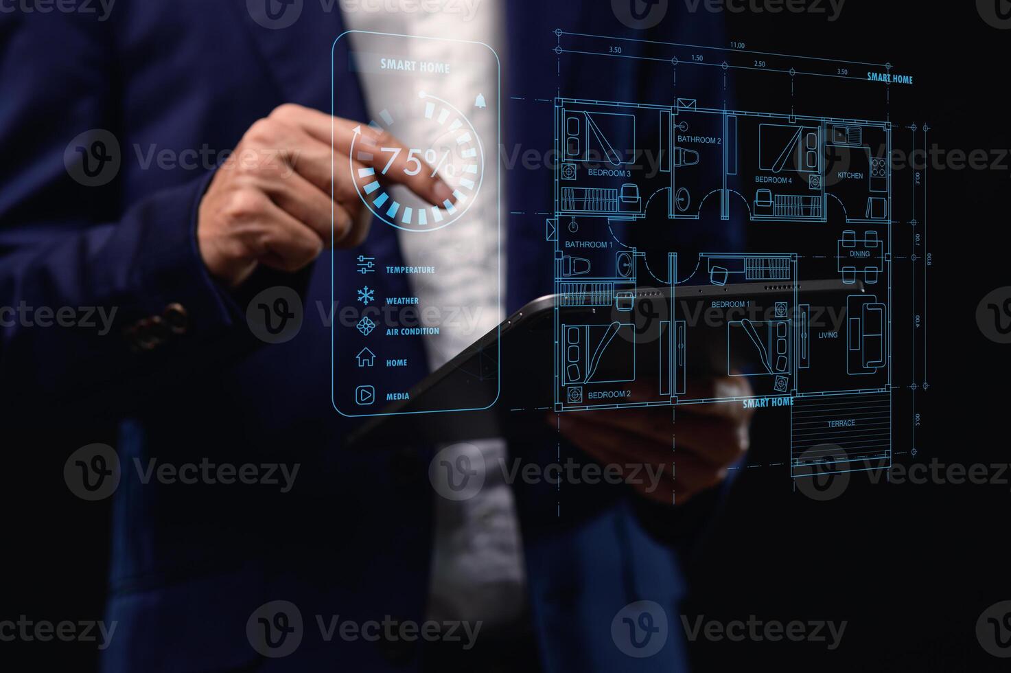 Explore the intuitive smart home interface and icons designed to seamlessly and easily manage all the connected devices in your home or building. photo