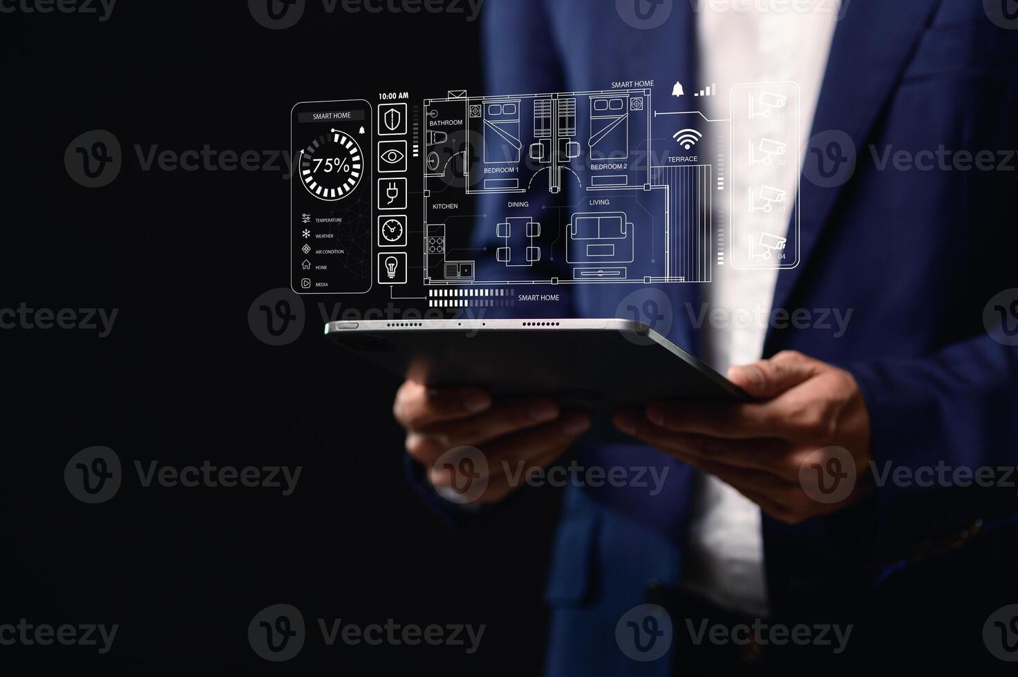 Explore the intuitive smart home interface and icons designed to seamlessly and easily manage all the connected devices in your home or building. photo
