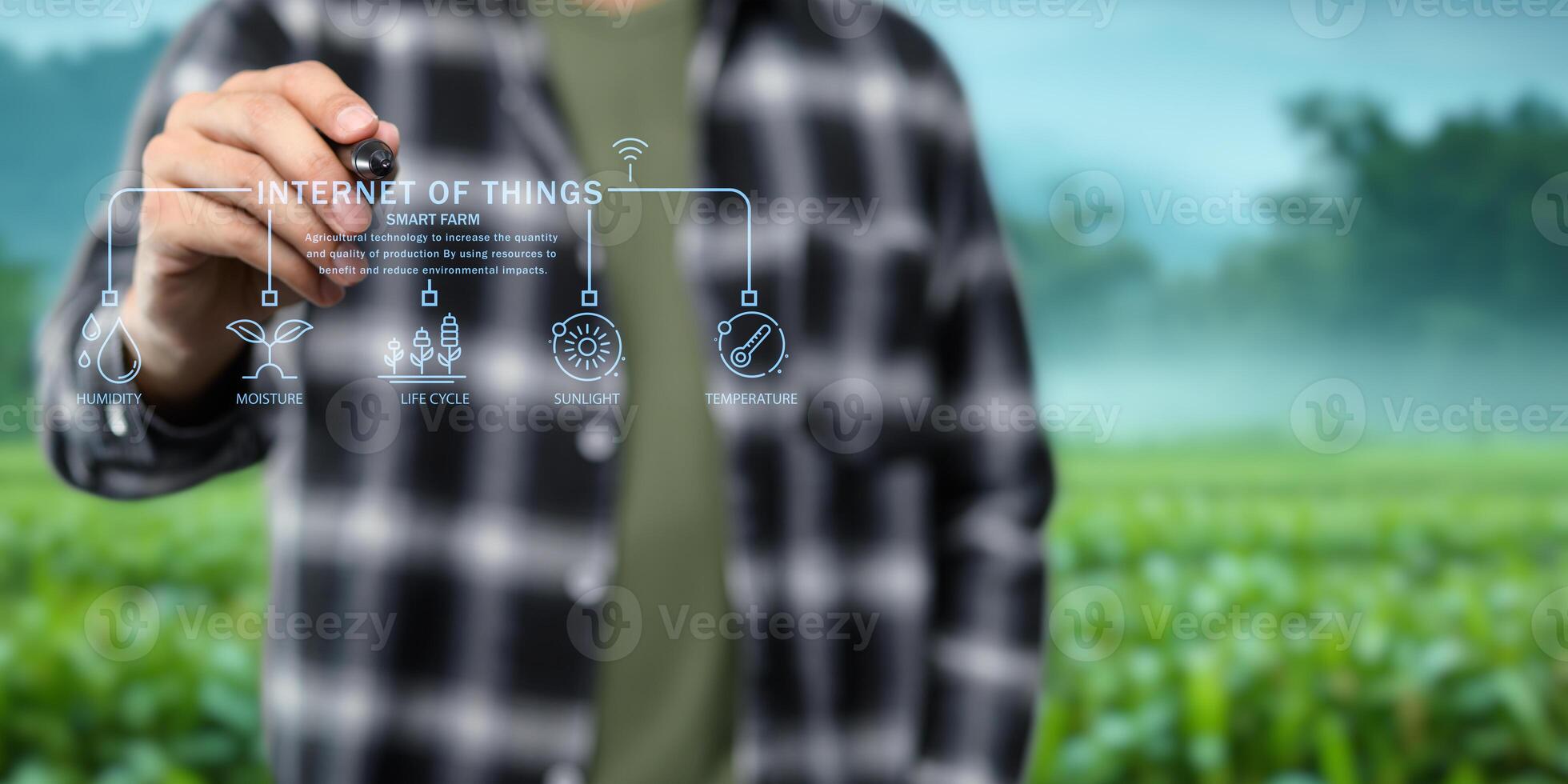 Smart Farm UI hologram system control, maintenance, displaying growth information Nutrients, fertilizers, water, insect pests of trees, plants, and vegetables, use technology in agriculture. photo