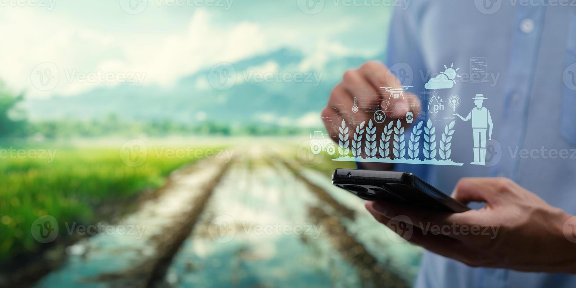 UI hologram agriculture and modern technology Farmer using smart farming technologies using AI photo