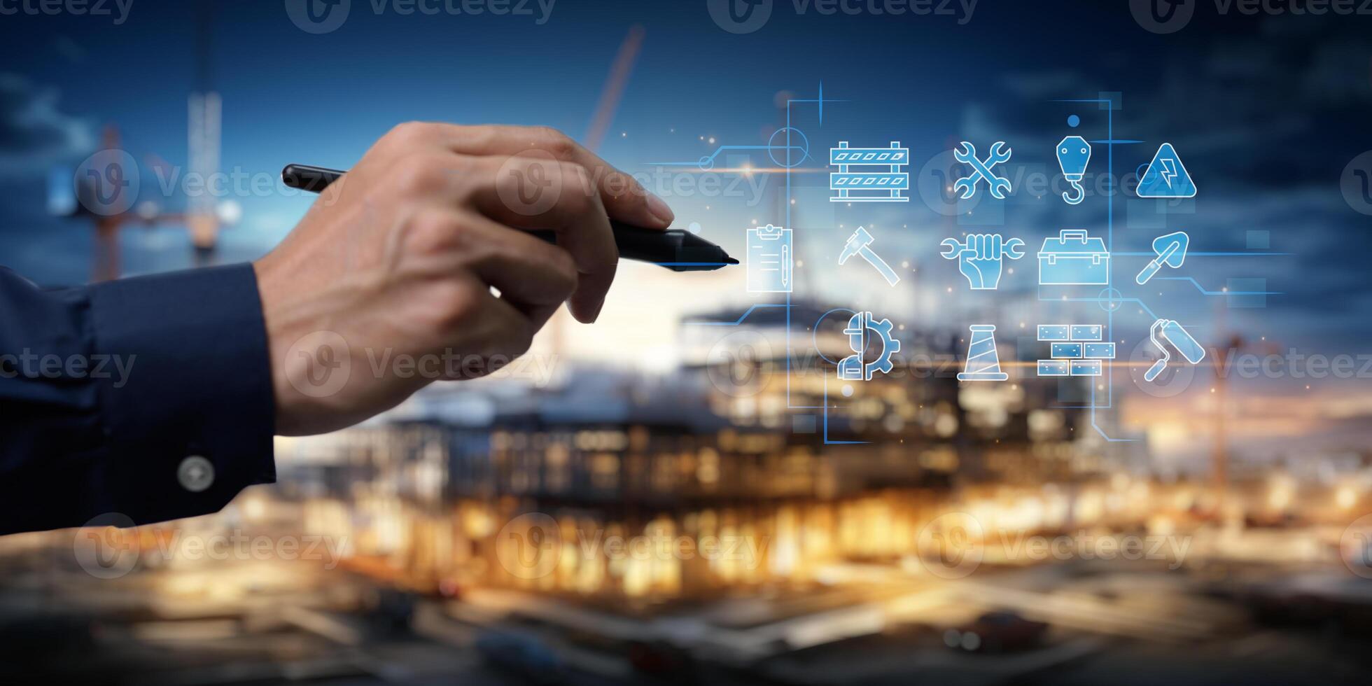 Engineer concept. Construction with machine icons or construction technology. photo