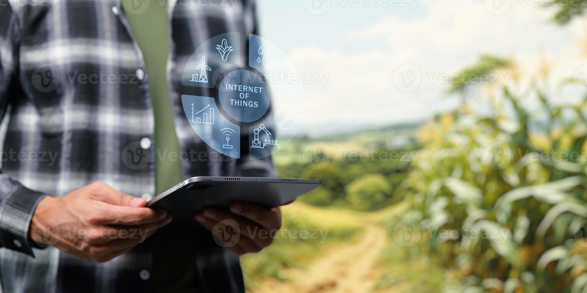 Smart Farm UI hologram system control, maintenance, displaying growth information Nutrients, fertilizers, water, insect pests of trees, plants, and vegetables, use technology in agriculture. photo