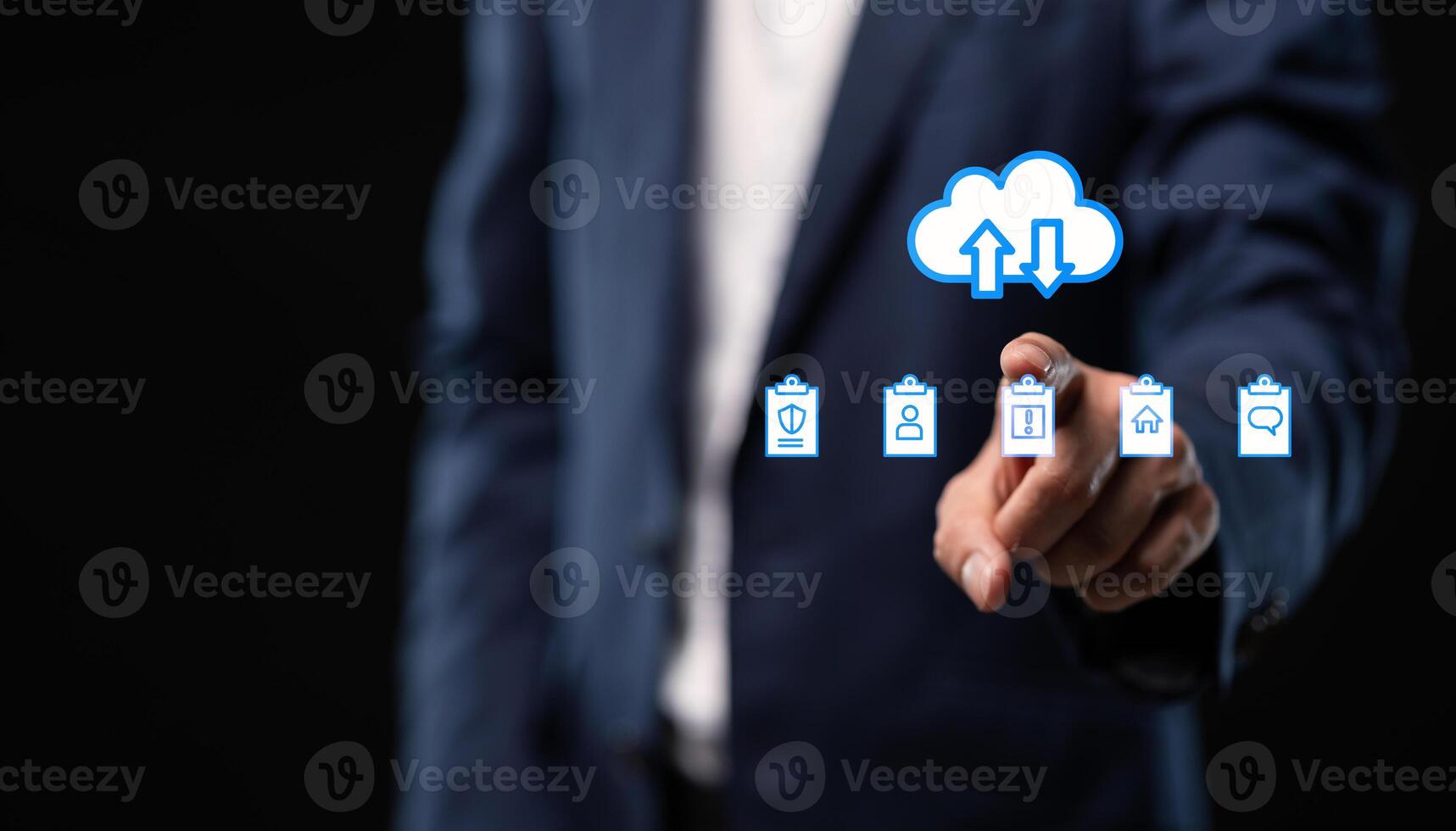 Collect data through the online cloud system big data Hologram Icon photo