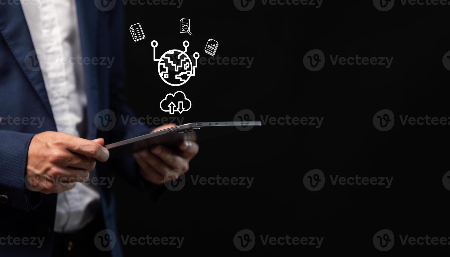 Collect data through the online cloud system big data Hologram Icon photo