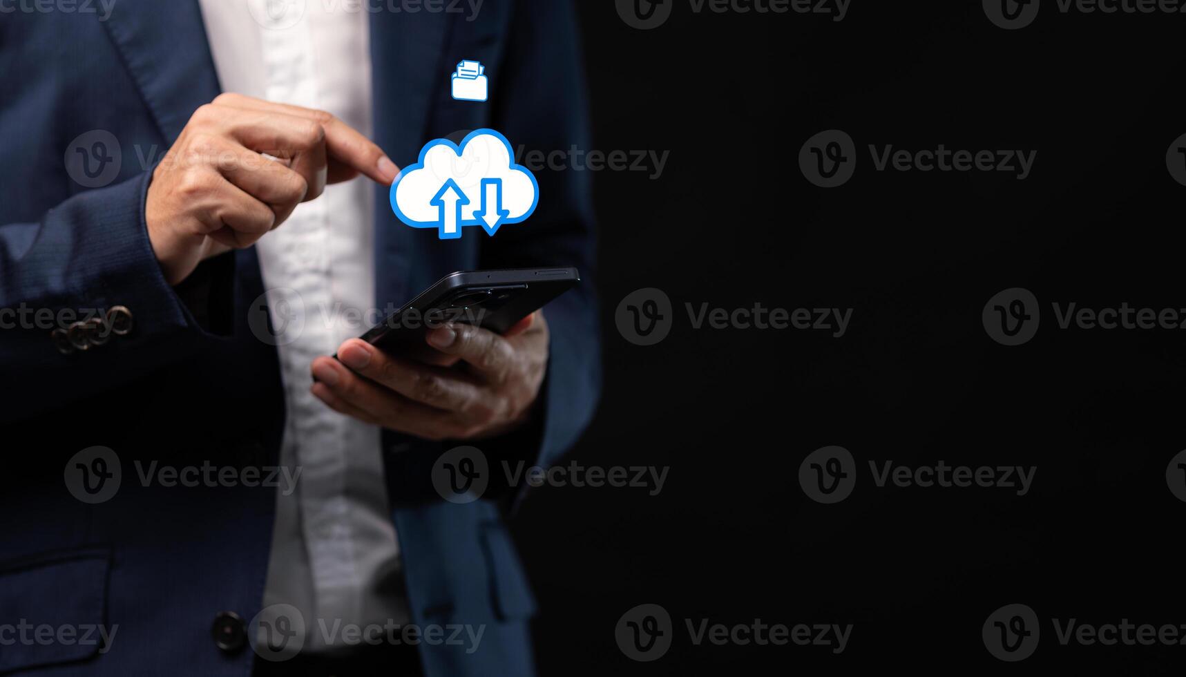 Collect data through the online cloud system big data Hologram Icon photo