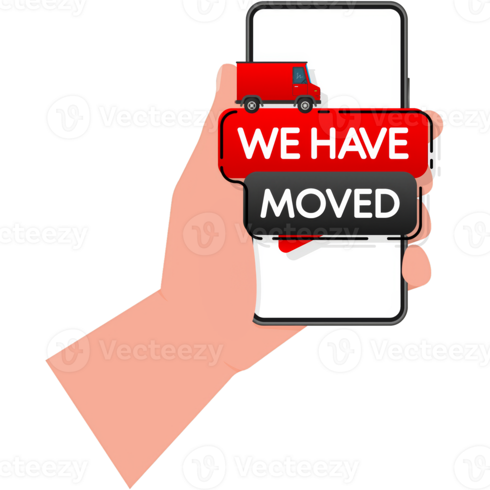 Hand with smarphone we have moved thin line bubble. concept of locator land mark like ecommerce delivery or transfer label png