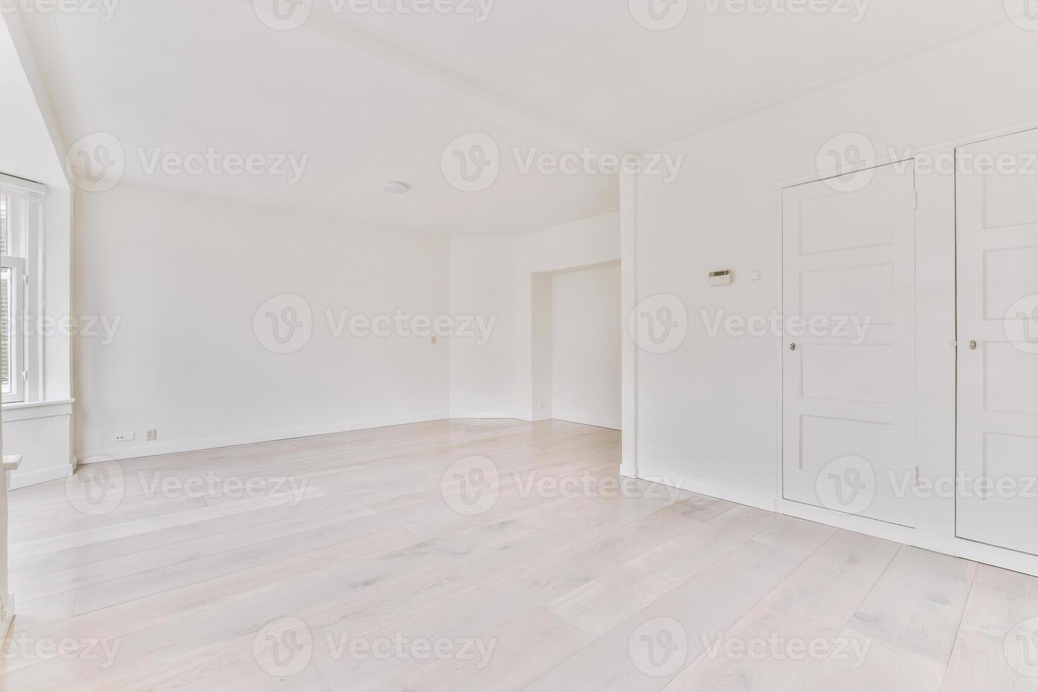 An empty room with white walls and wooden floors photo