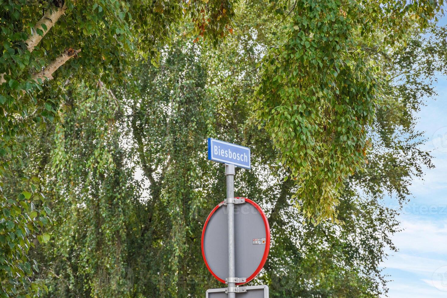 A street sign with a red and white sign photo