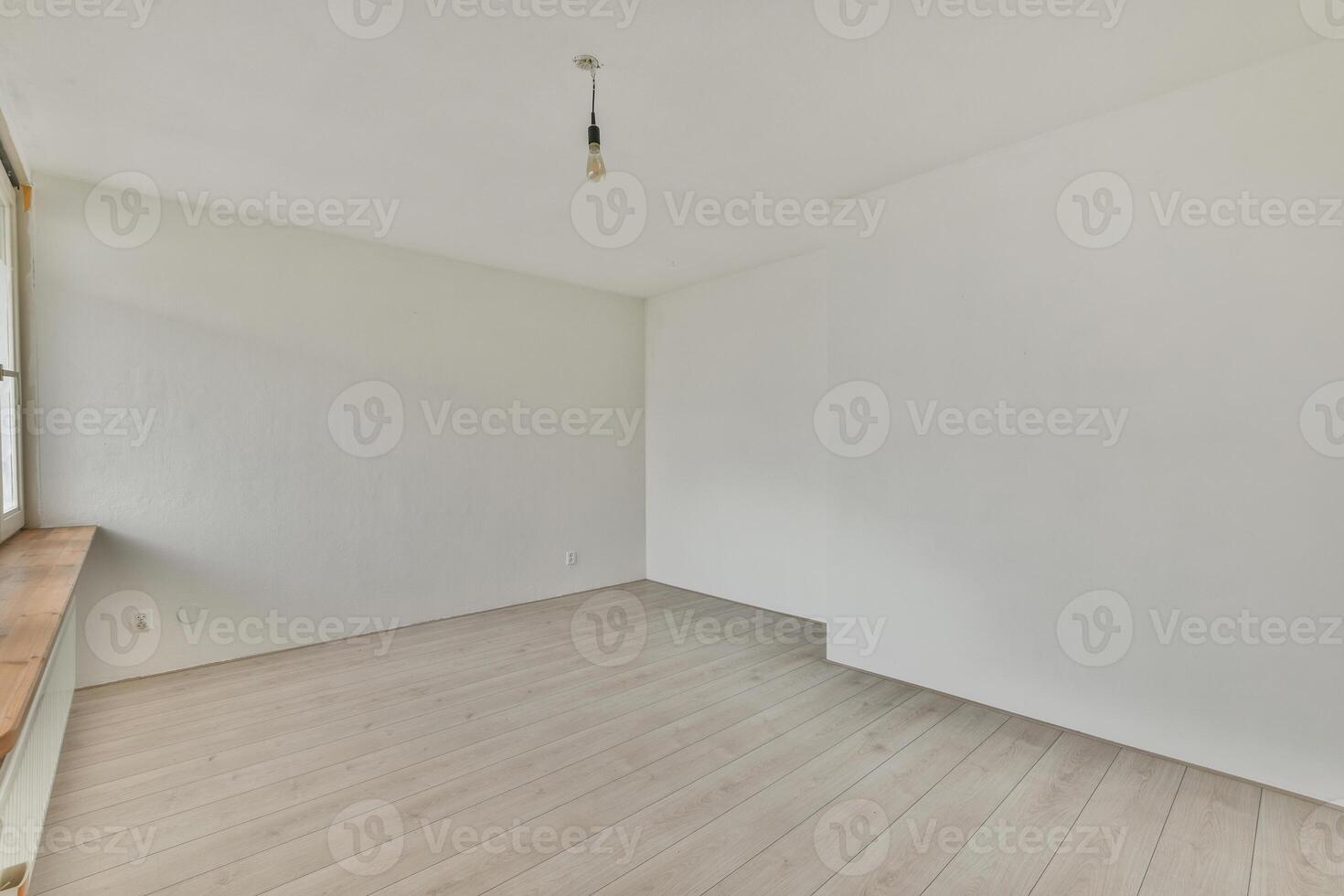 Empty room with white walls and wooden floors photo