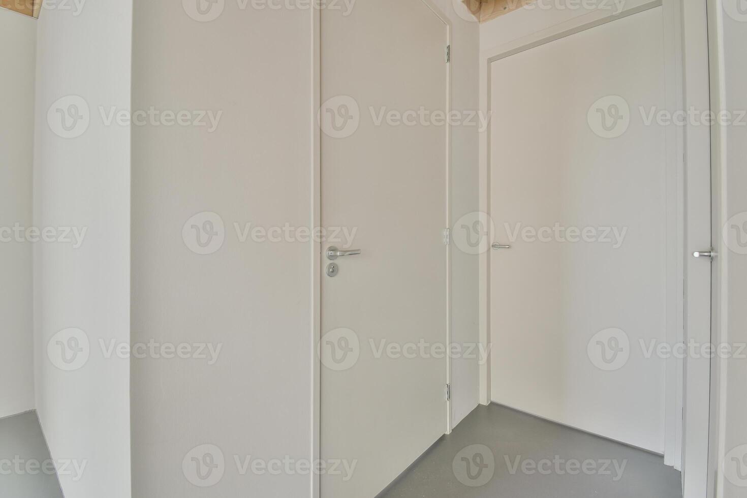 A white door is open in a room with a wooden ceiling photo
