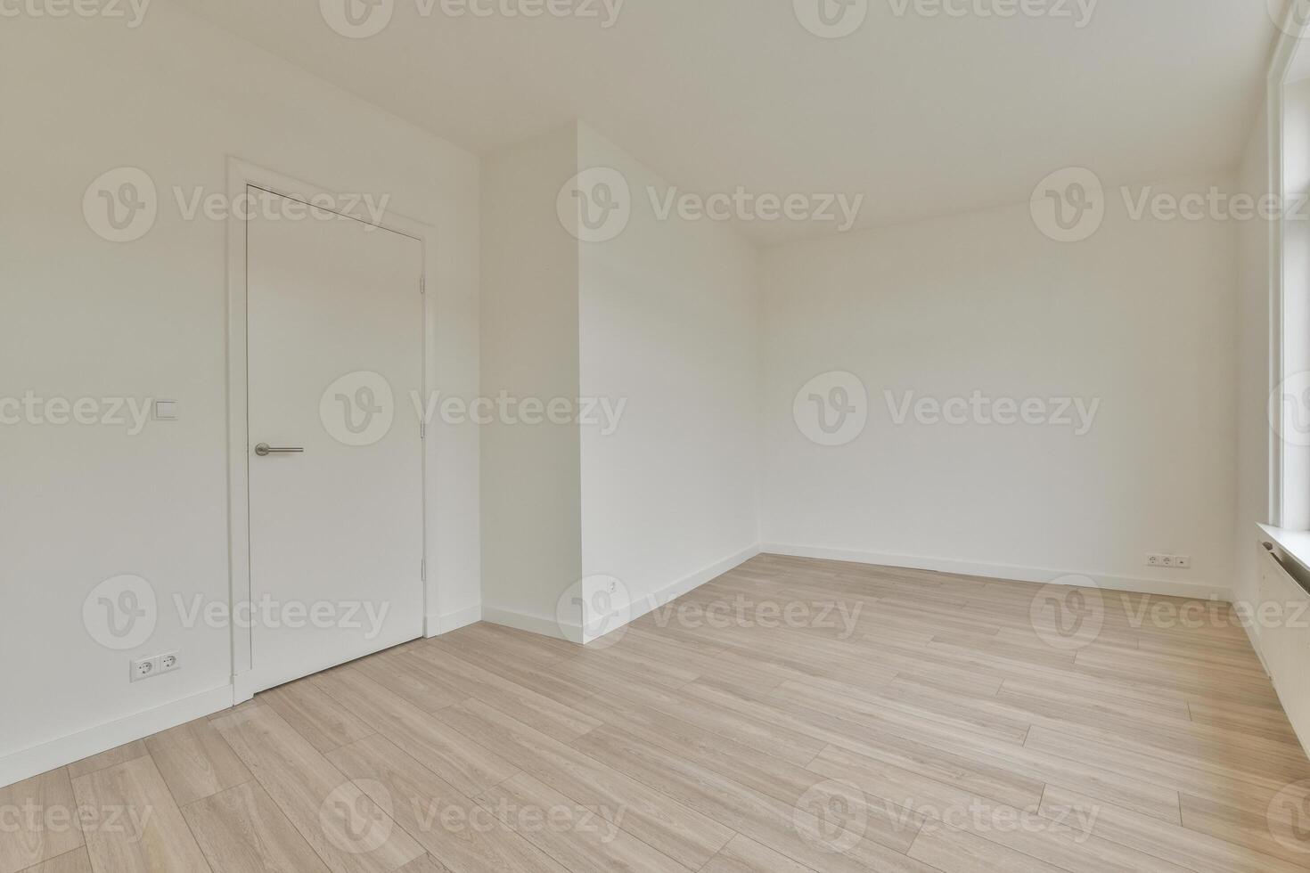 Empty room with wooden floors and white walls photo