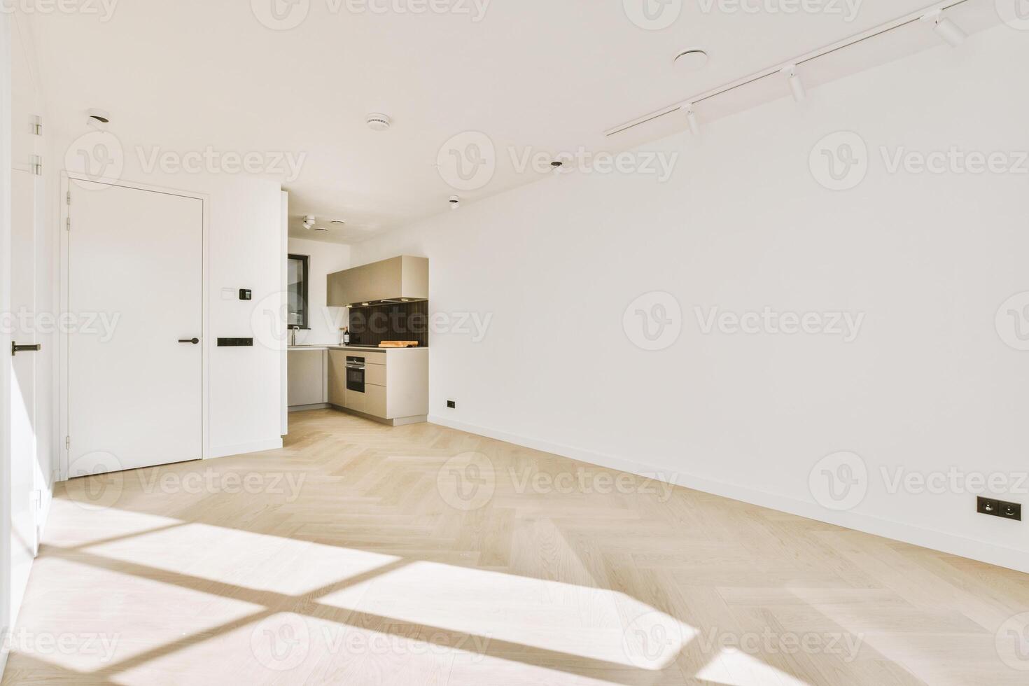 A white room with wooden floors and white walls photo