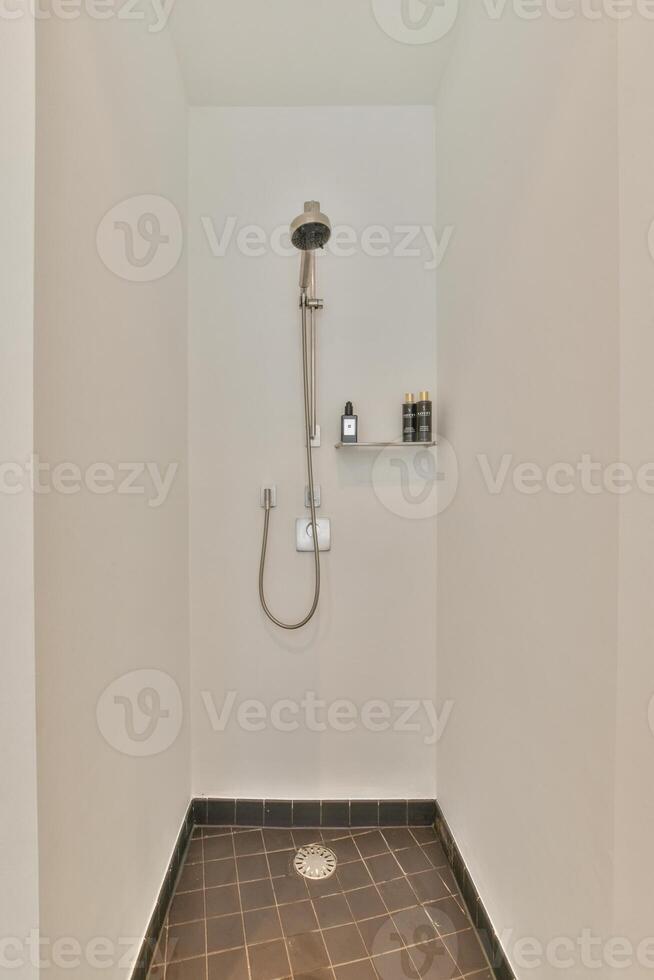 A shower with a shower head and a sink photo