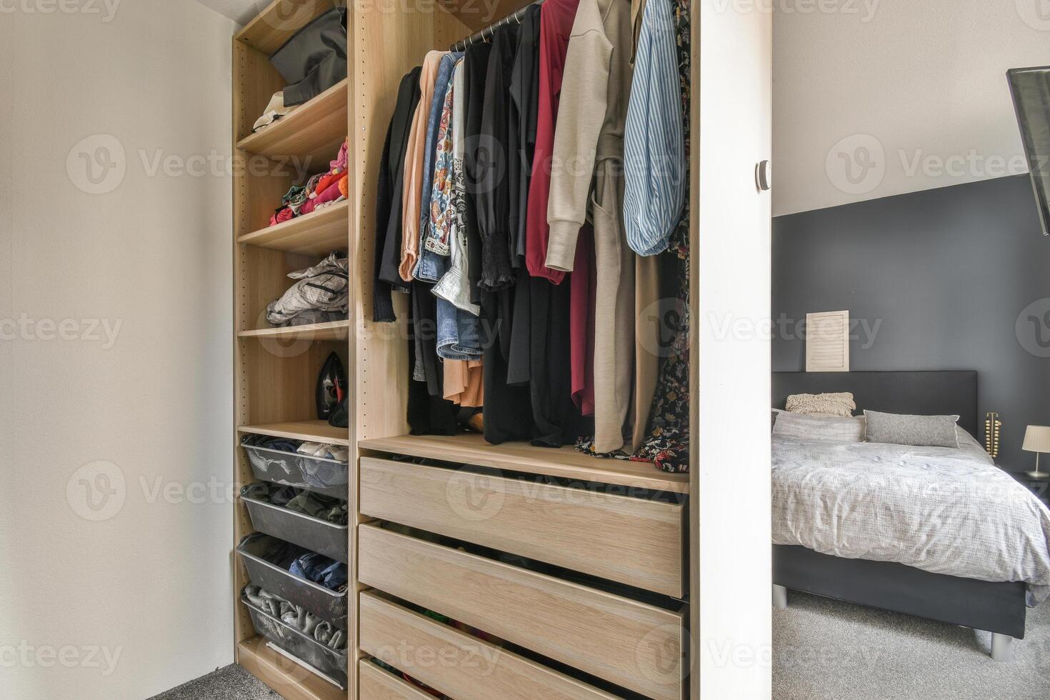 A bedroom with a closet and a bed photo