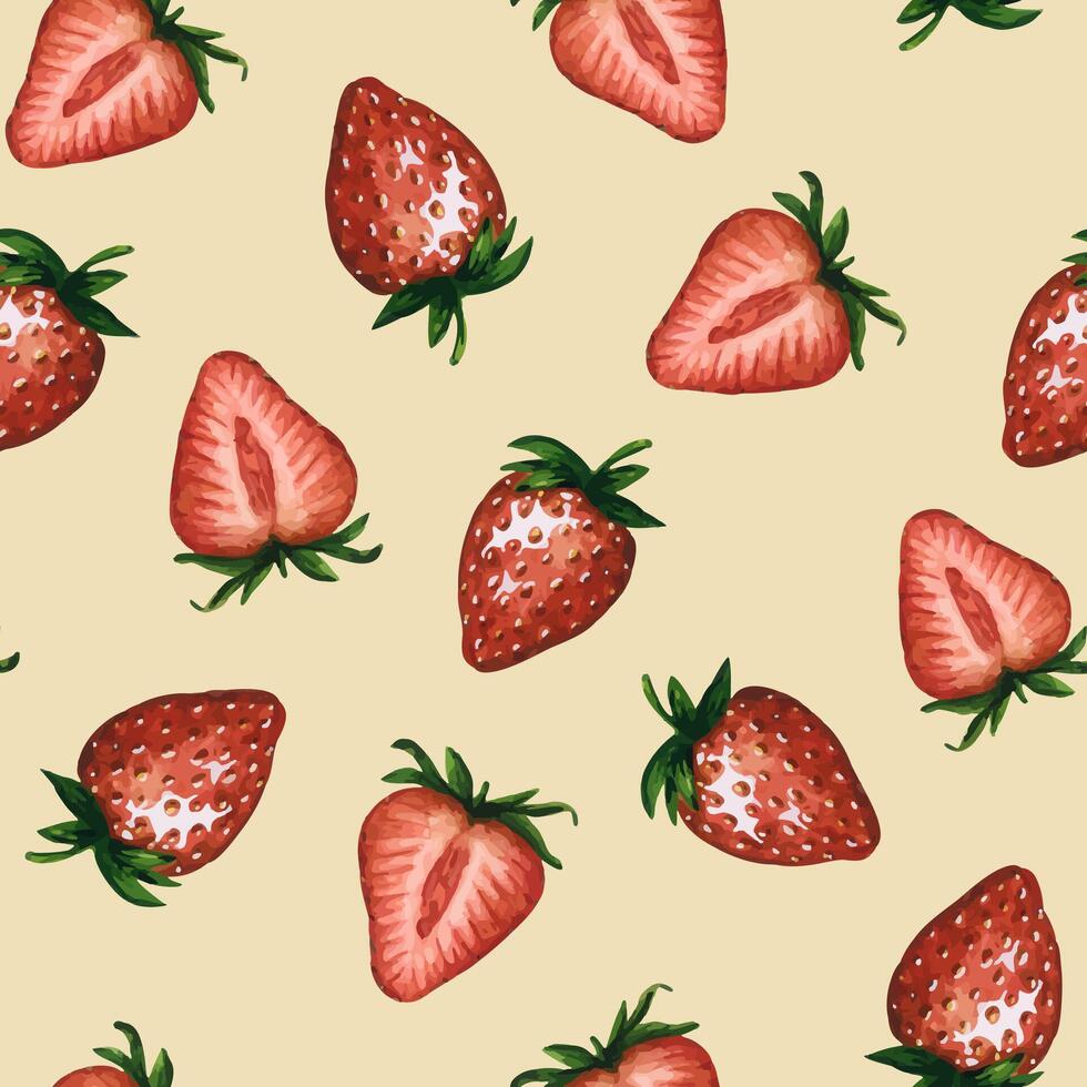 Seamless pattern with juicy strawberries and strawberry halves isolated on white background, hand drawn watercolor illustration. Ideal for background, fabric and textile, postcard, packaging vector