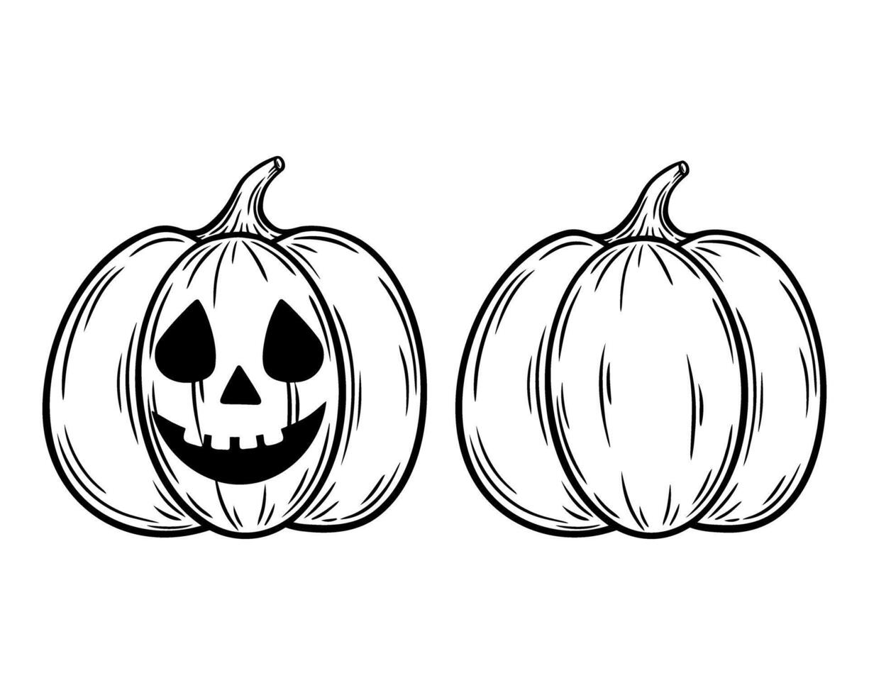 Spooky Halloween pumpkins set line art illustrations. Laughing Jack o lantern graphic monochrome drawings. Hand drawn outline sketch, engraved illustration. For coloring book, invitation, decoration vector