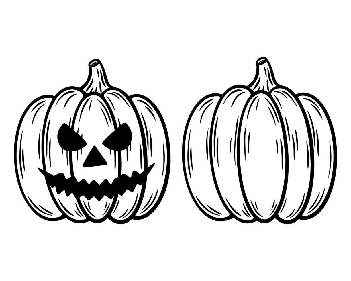 Halloween pumpkins set, line art illustrations. Laughing Jack o lantern graphic monochrome drawings. Hand drawn outline sketch, engraved illustration. For coloring book, invitation, decoration vector