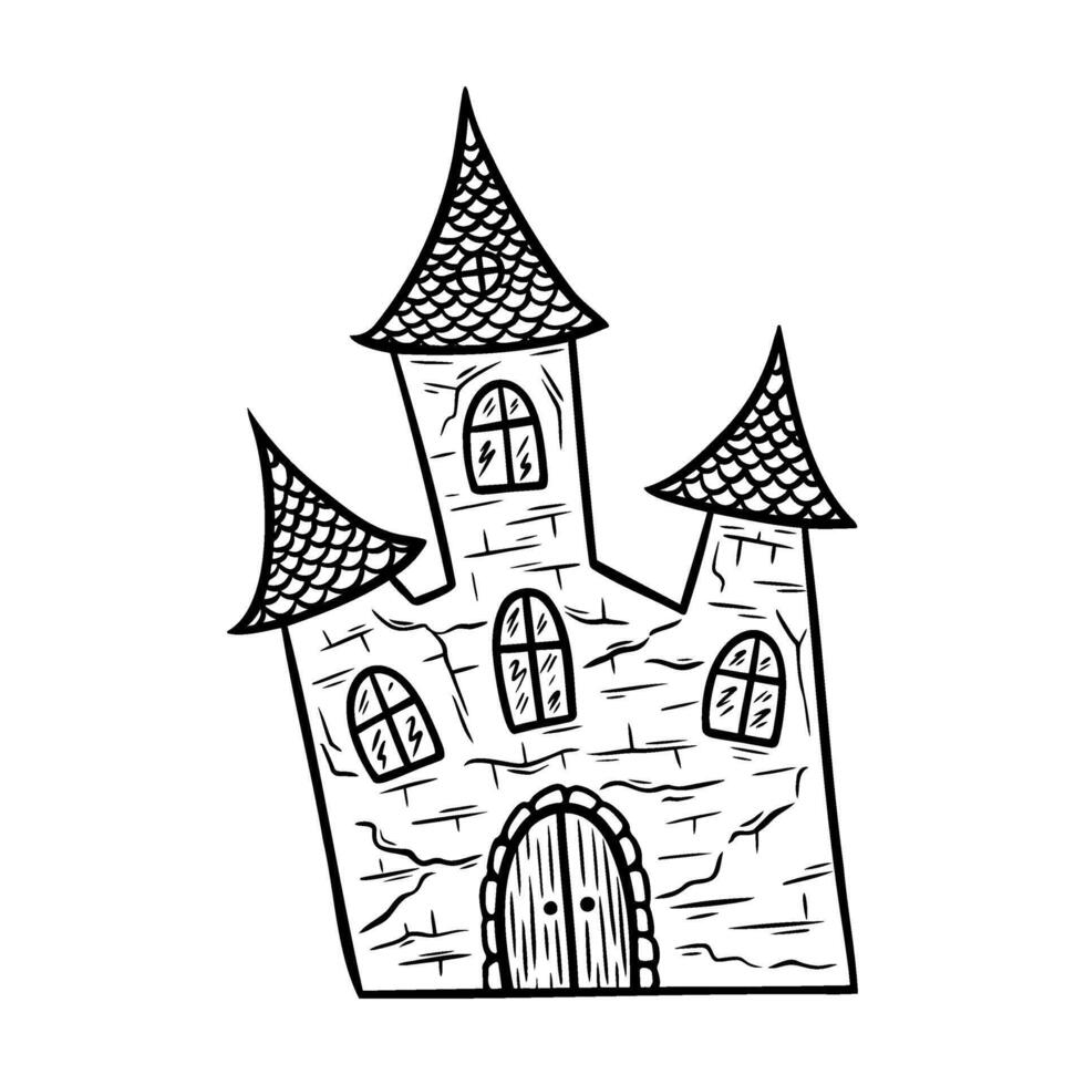 Spooky Halloween haunted house, illustration line art style. Abandoned mansion graphic monochrome drawing. Hand drawn outline sketch, engraved doodle illustration. For coloring book, invitation, deco vector