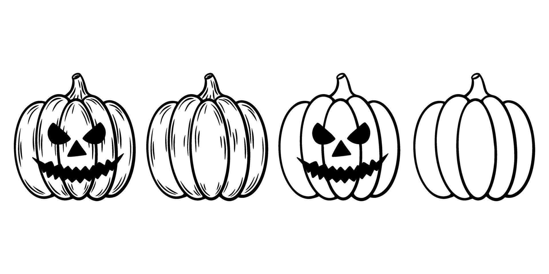 Set of spooky Halloween pumpkins line art illustration. Laughing Jack o lantern graphic monochrome drawings. Hand drawn outline sketch, engraved illustration. For coloring book, invitation, decoration vector