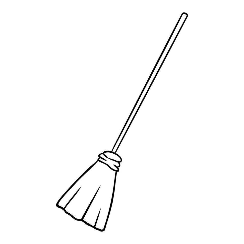 Halloween witch broomstick illustration in line art style. Graphic monochrome magic broom drawing. Hand drawn outline sketch, engraved doodle illustration. For coloring book, invitation, decoration. vector