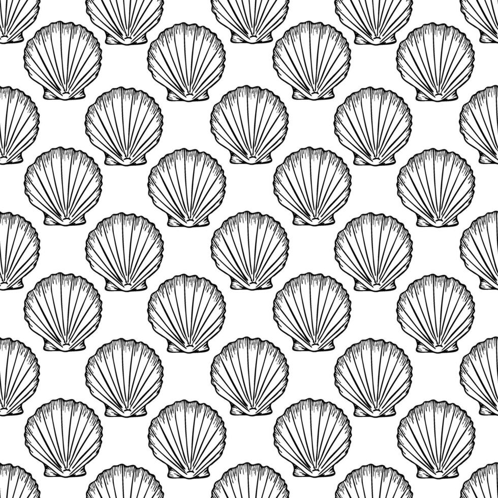 Underwater seamless pattern with seashells line art illustration in black color. Scallop sketch, seashell line drawing. Summer beach seaside print for background, textile, fabric, wrapping paper vector