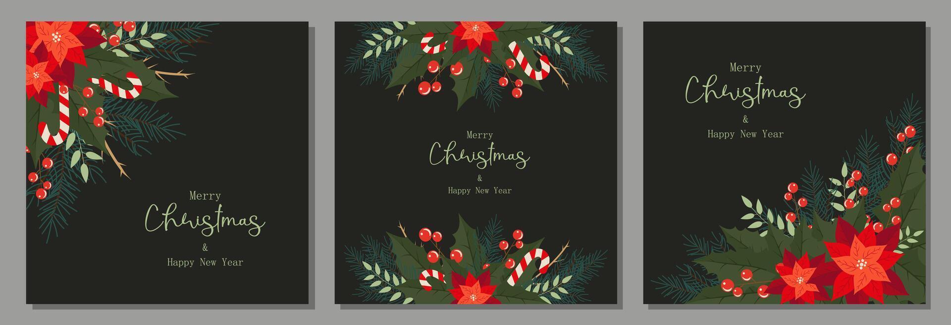 Elegant Happy New Year and Merry Christmas Poster Collection on Black Background. Modern Trendy Xmas Greeting Cards for Social Media, Web, Apps. Design Template with Christmas Elements. vector