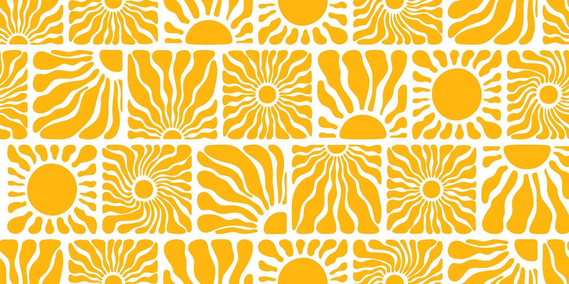 Sun groovy seamless pattern. Various yellow floral hippie square elements, hand drawn abstract wavy pattern in modern retro Matisse style. illustration isolated on transparent background vector