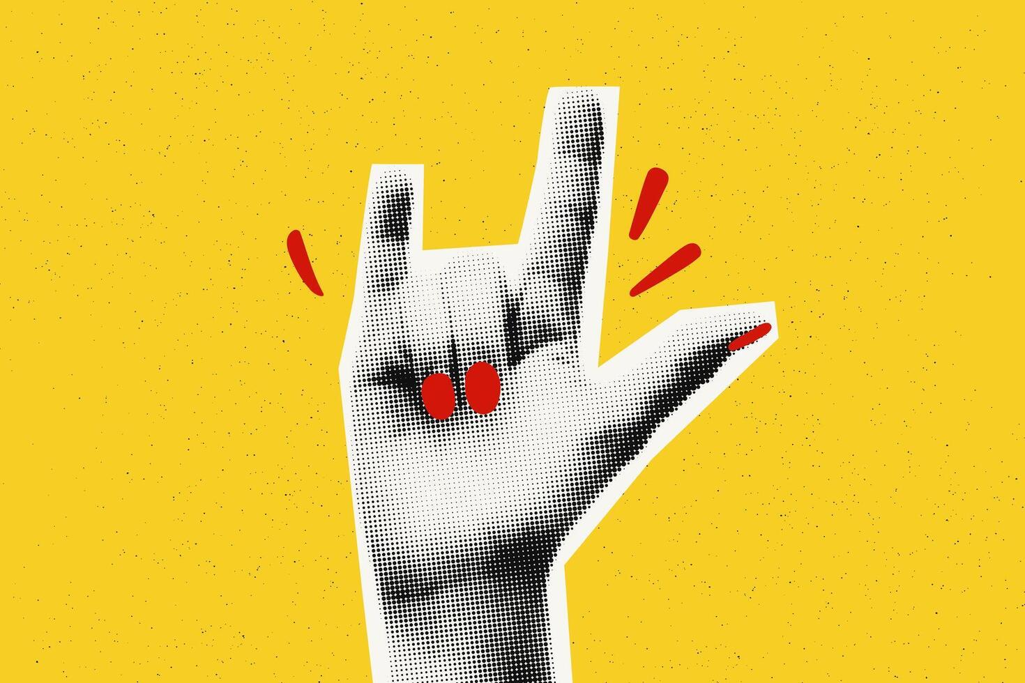 Collage element of halftone hand with rock, goat gesture against bold yellow textured background with copy space. Good, I love you sign. Cut out magazine shape. Grunge modern retro illustration vector