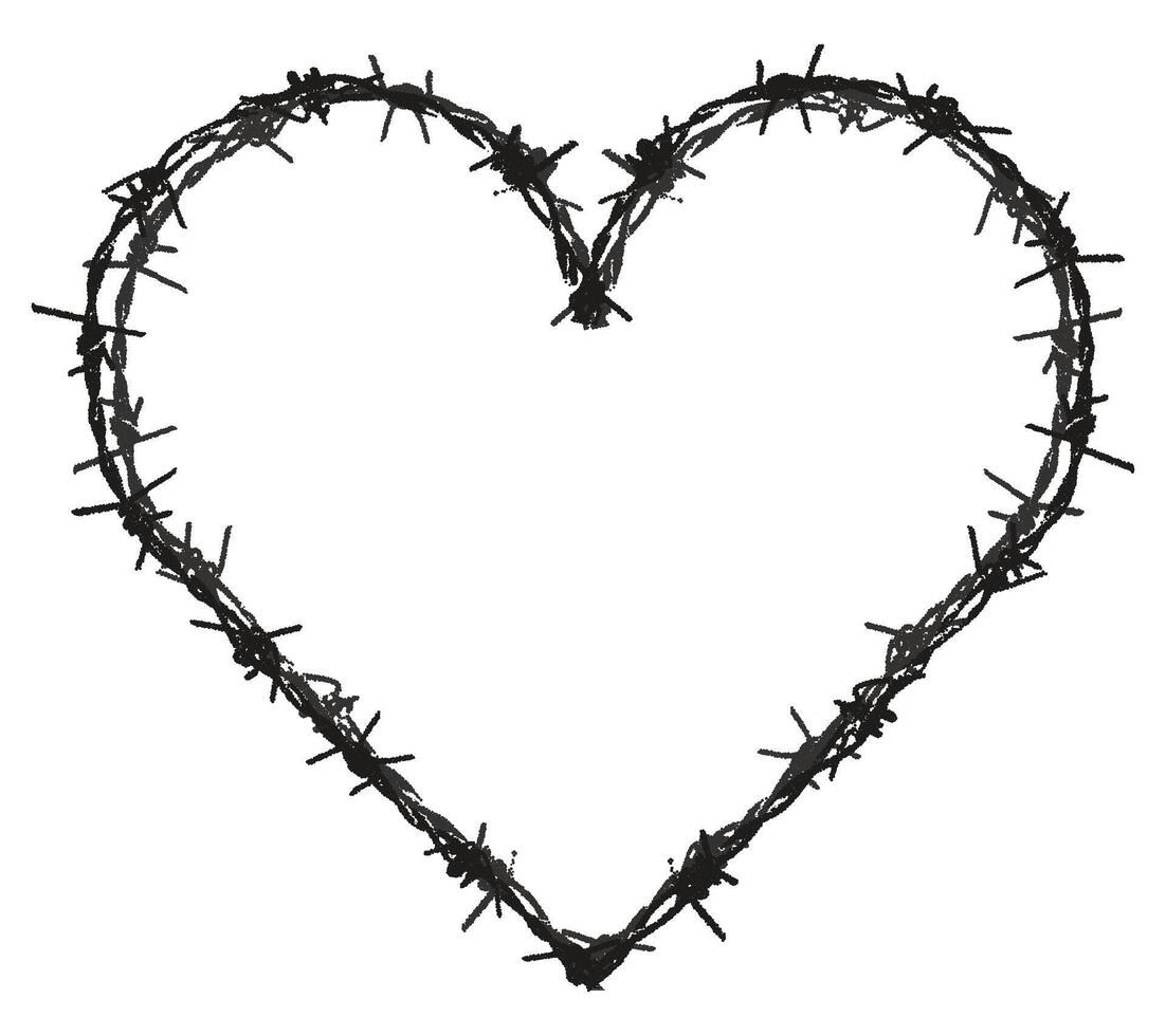 Trendy grunge element with retro photocopy stipple effect. Heart shaped frame made of barbed wire Y2K goth core 2000s style. Modern illustration dots texture. For poster, t-shirt, social media vector