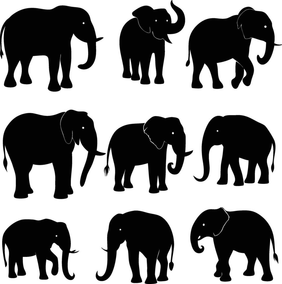Isolated Elephant Silhouettes in Various Poses on White Background vector