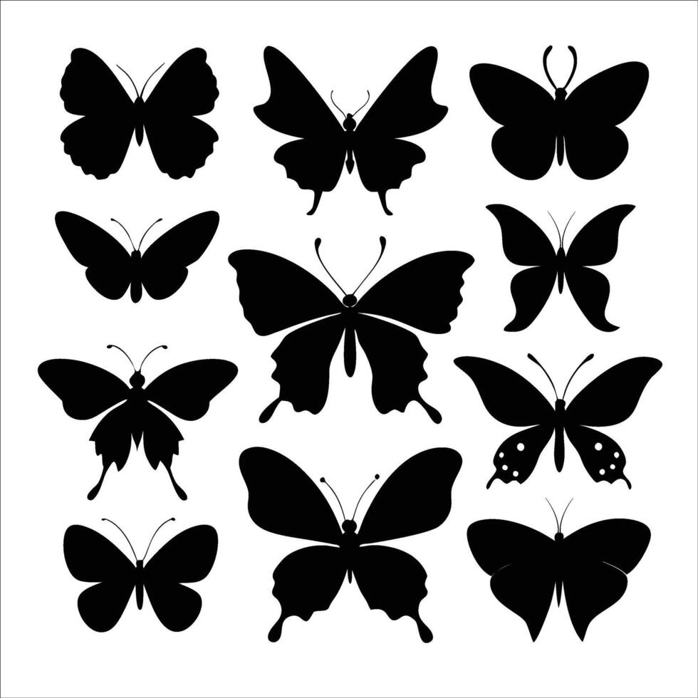 Isolated Butterfly Silhouettes in Various Poses on White Background vector