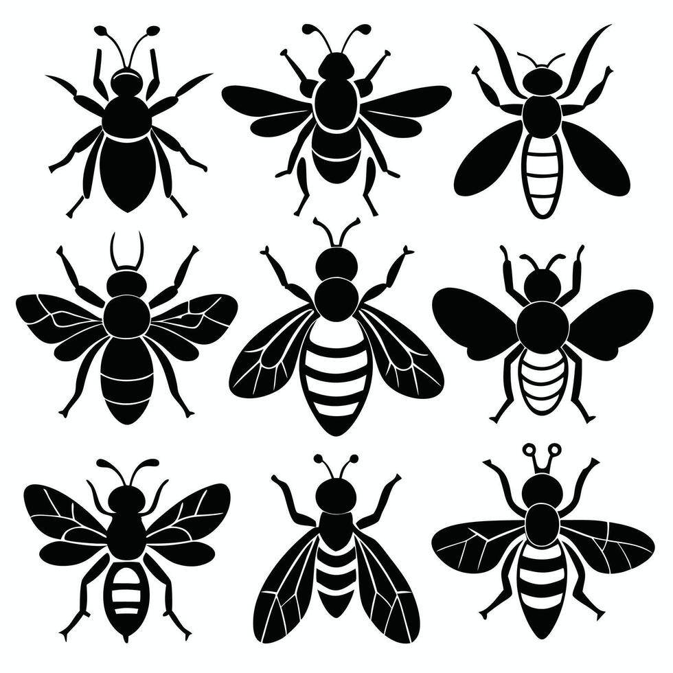 Isolated Bee Silhouettes in Various Poses on White Background vector
