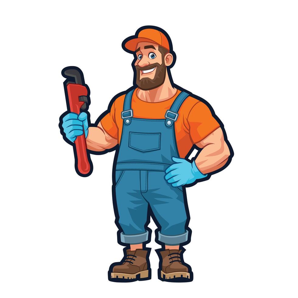 Handyman with Big Muscles Carrying a Big Pipe Wrench vector
