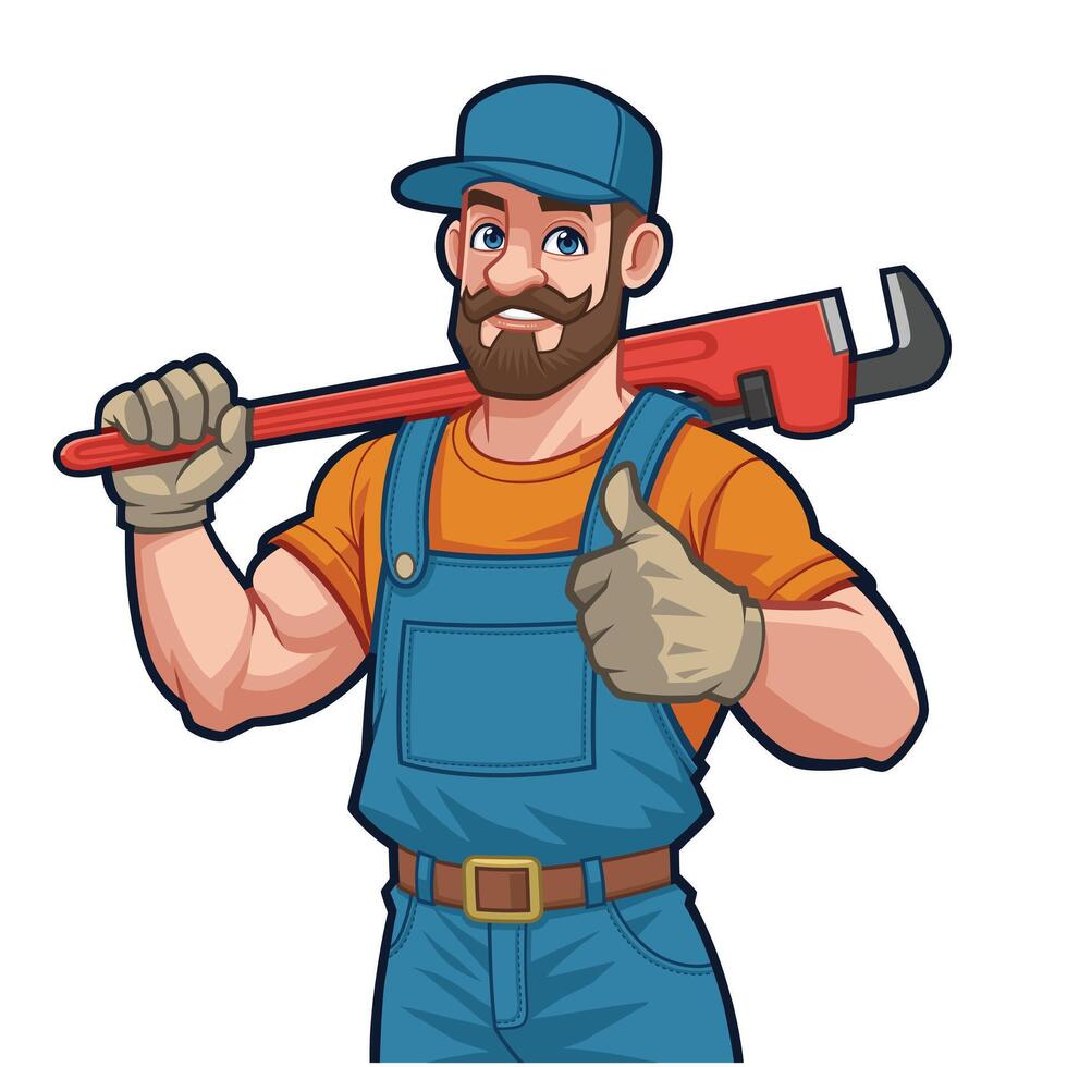 Handyman Carrying a Big Pipe Wrench Mascot vector