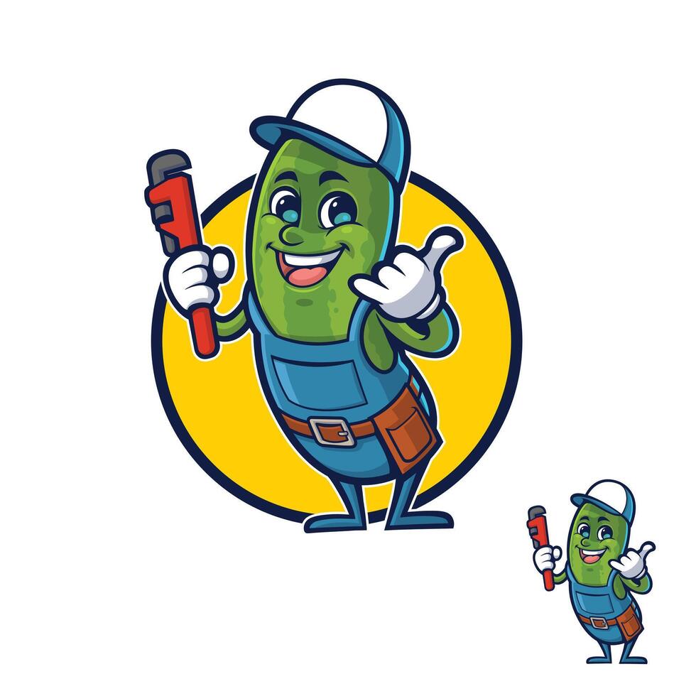 Mascot Design of a Pickle Handyman carrying a Pipe Wrench vector