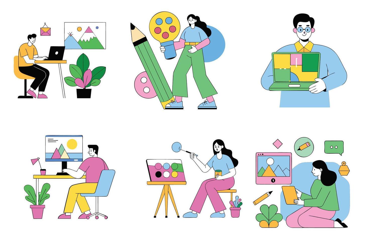 A set of illustrations depicting people working on computers vector