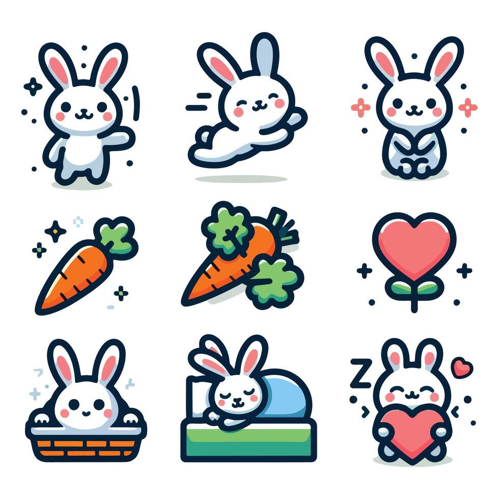 Cute bunny icon set with different types of food and animals vector