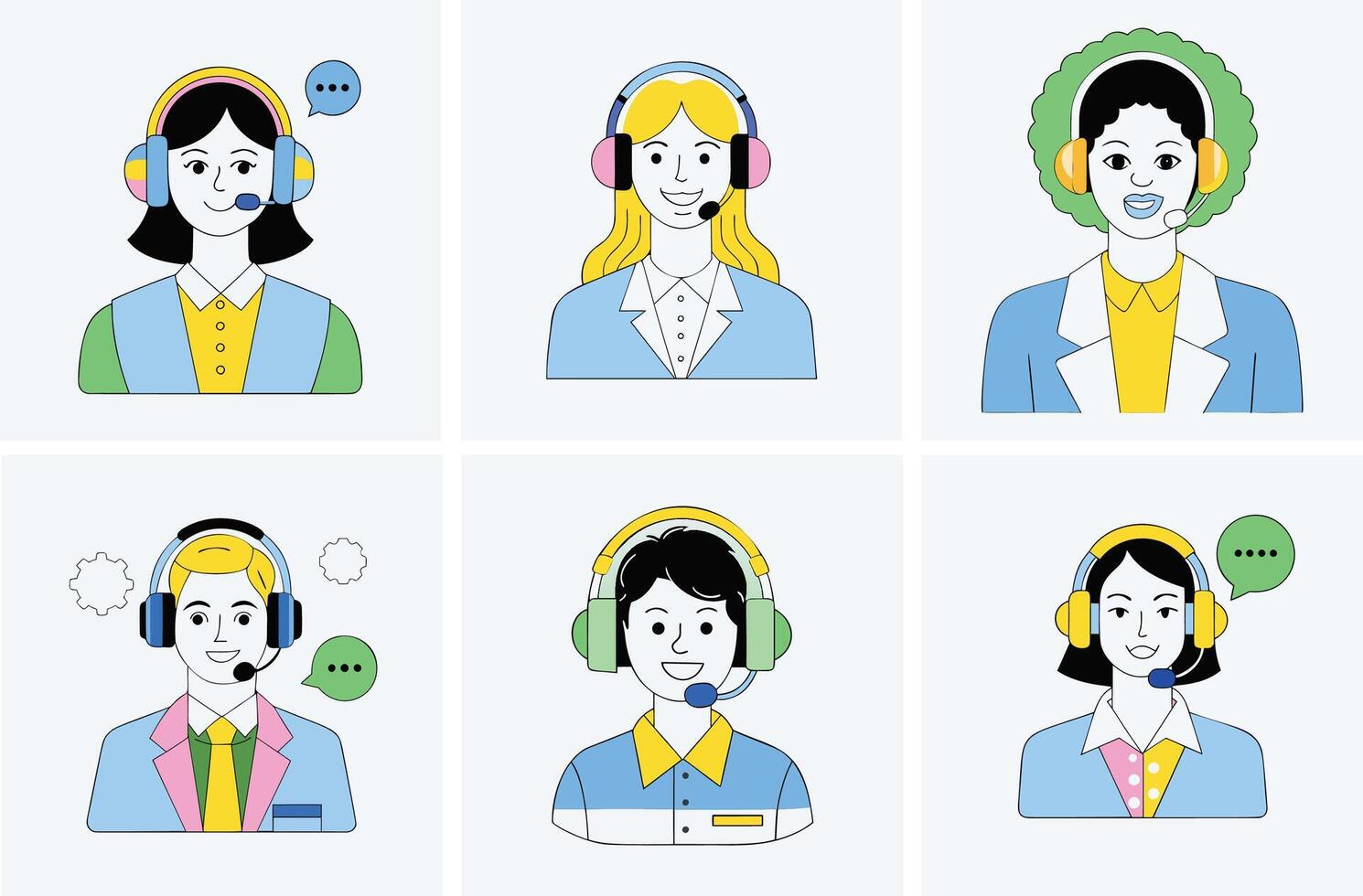 Six different icons of people wearing headsets vector