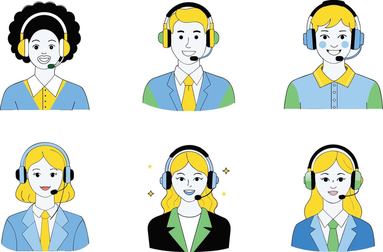 A set of cartoon people wearing headsets vector