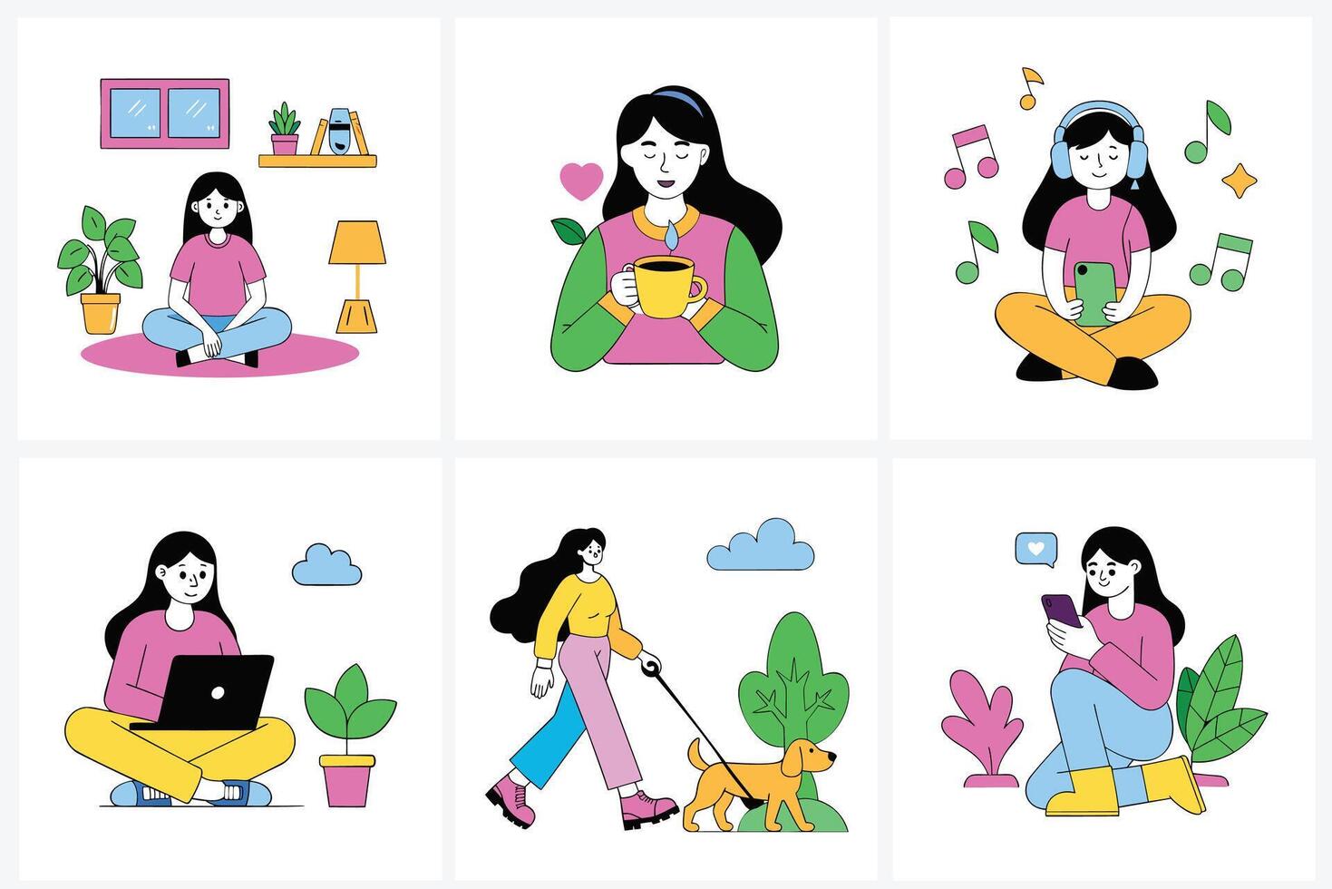 Four illustrations of women doing various activities vector