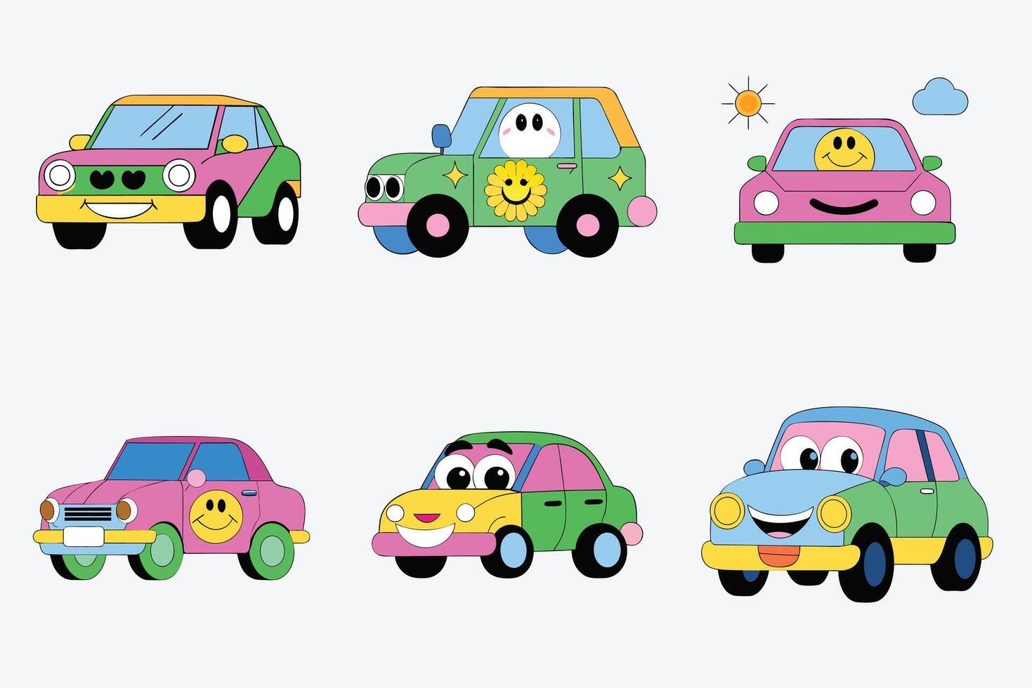 Cartoon cars with smiley faces and faces vector
